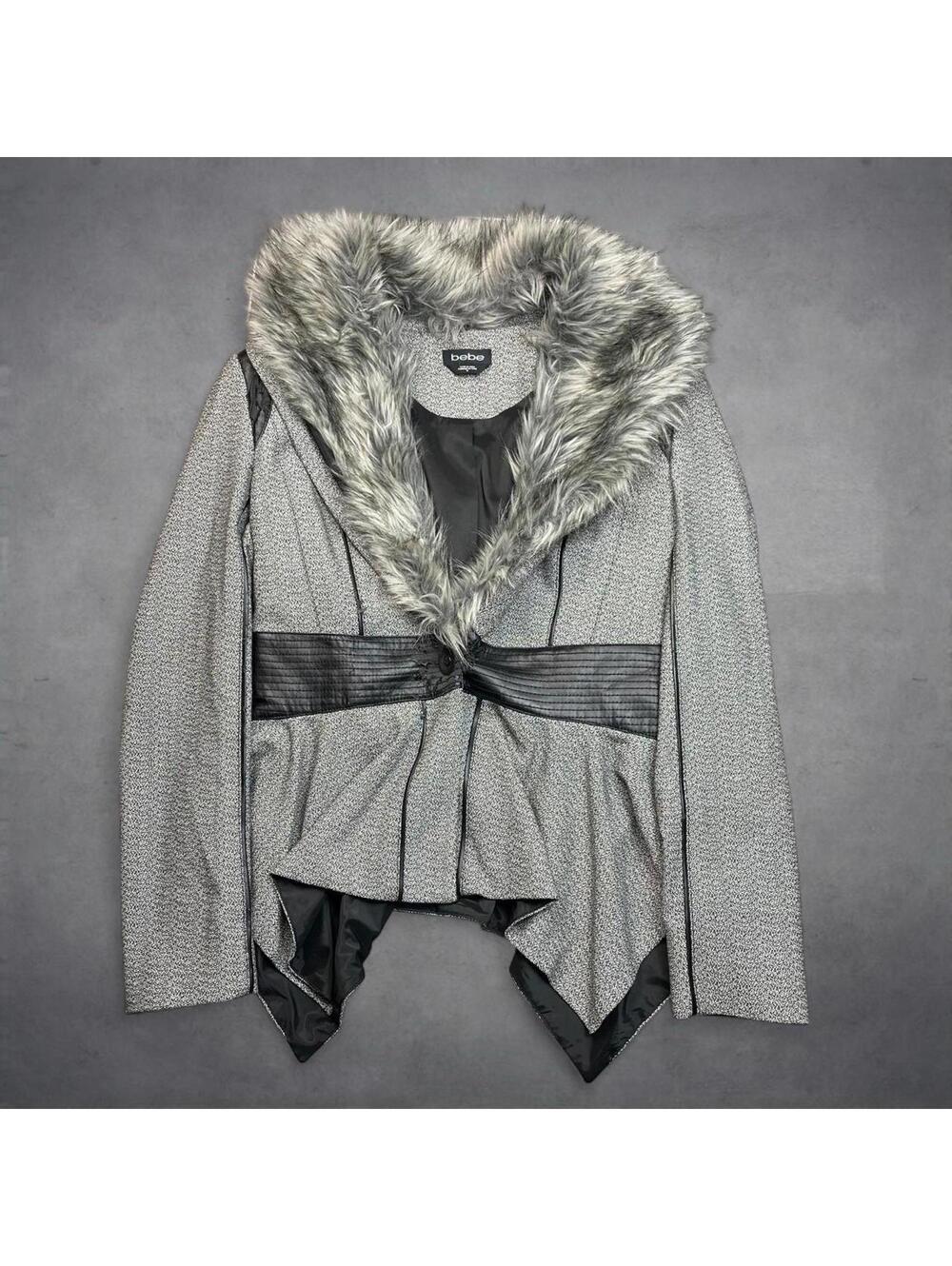 Vintage Bebe Size 10 Grey Black Tweed Jacket Faux Fur Collar Faux Leather Trim